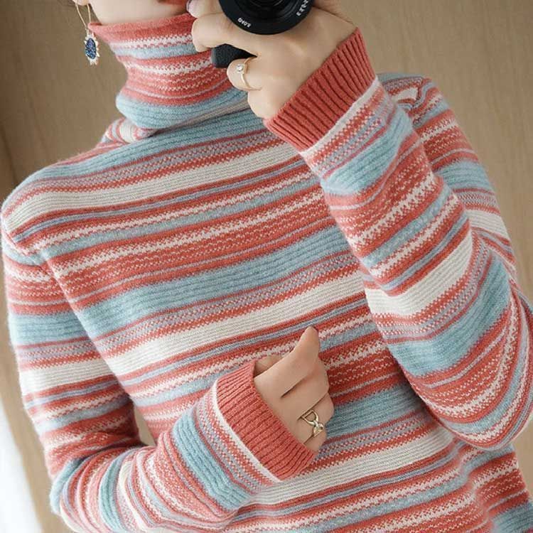 ニットセーター レディース セーター 長袖 ボーダー柄 ハイネック タートルネック リブニット リブセーター トップス プルオーバー ストレッチ 伸縮性 お洒落 カジュアル mercy 626