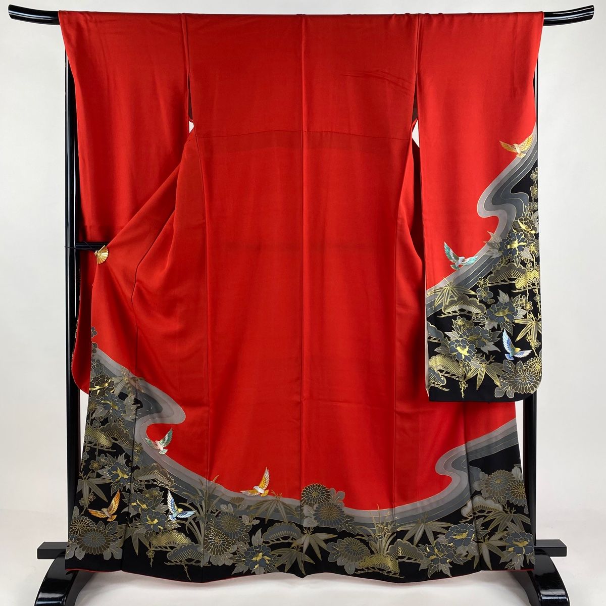 振袖 身丈165cm 裄丈68cm L 袷 斉藤三才 落款 牡丹 三才鳥 金銀彩 赤 正絹 名品