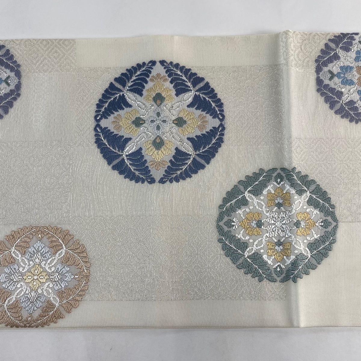 袋帯 美品 名品 夏帯 紗 鈴乃屋 八つ藤紋 銀糸 クリーム 六通 正絹  