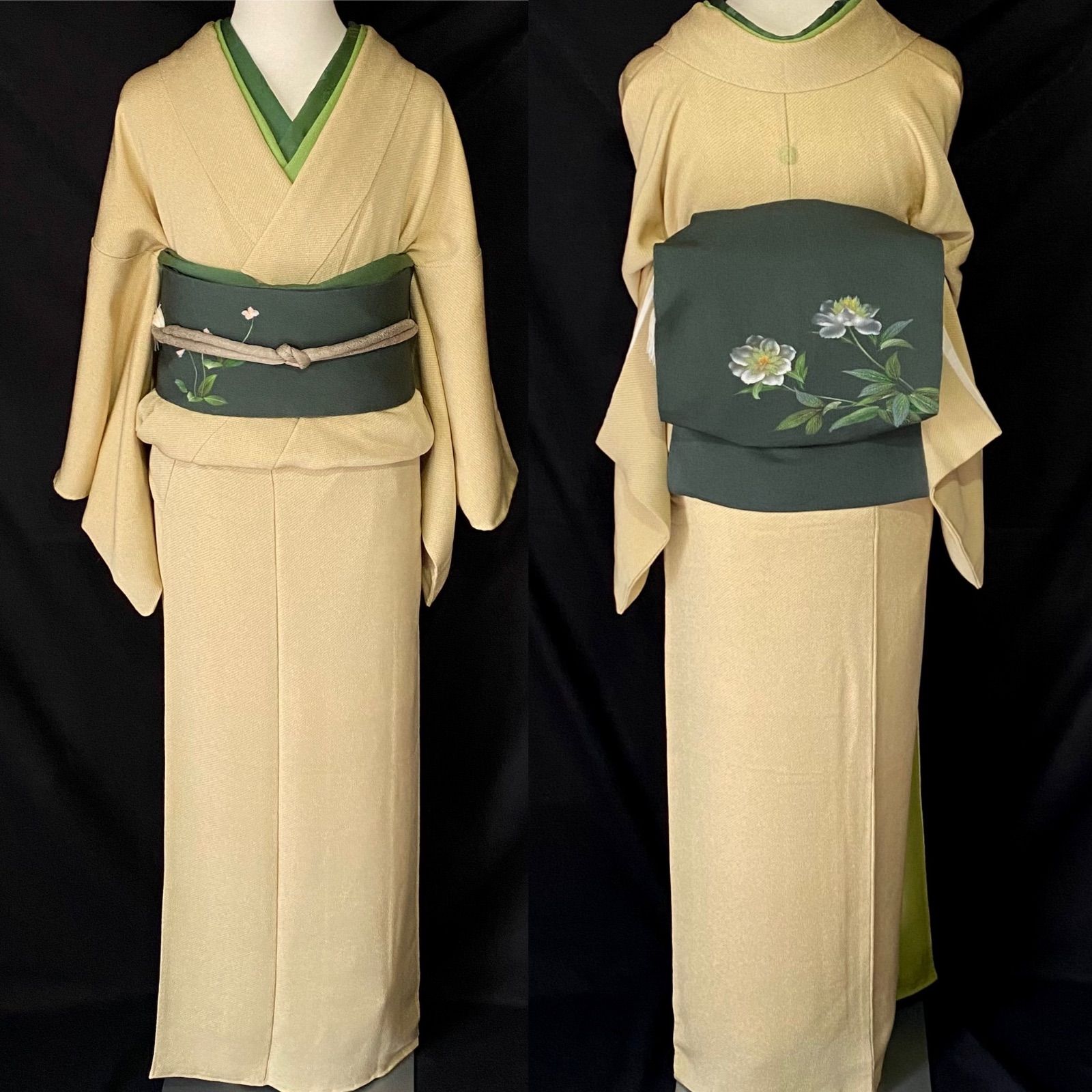 淡い抹茶の縮緬小紋〉作家物 一つ紋 汎用性高い コーデしやすい 美品 