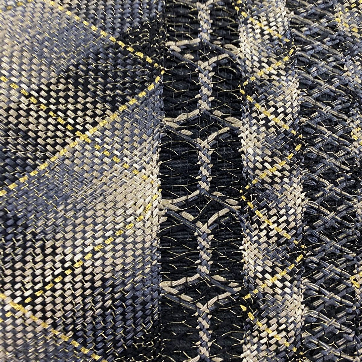 袋帯 秀品 幾何学模様 金銀糸 青灰色 全通 正絹