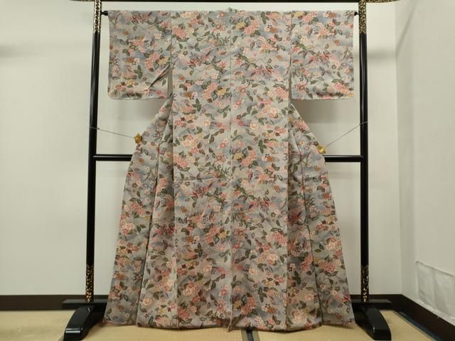 平和屋着物○上質な小紋 型染 枝花文 鬼しぼ縮緬 正絹