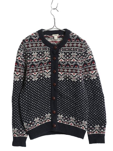 ノルウェー製 エルエルビーン 総柄 ニット カーディガン レディース XS ウール セーター 前開き 羽織り バーズアイ ノルディック ネイビー