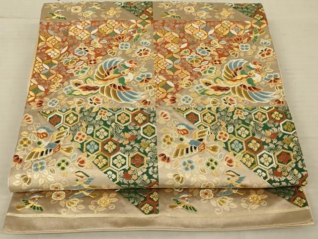平和屋着物◎太鼓柄袋帯 唐織 鳳凰花文 金糸 正絹 逸品