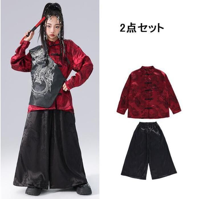 ご安心ください！ 中華風子供ヒップホップダンス衣装 キッズ漢中華風唐装服セット 龍柄チャイナ風長袖シャツ ガウチョパンツ 太 拳 春秋2点 3点セットア BJ0903ML518 自信のある