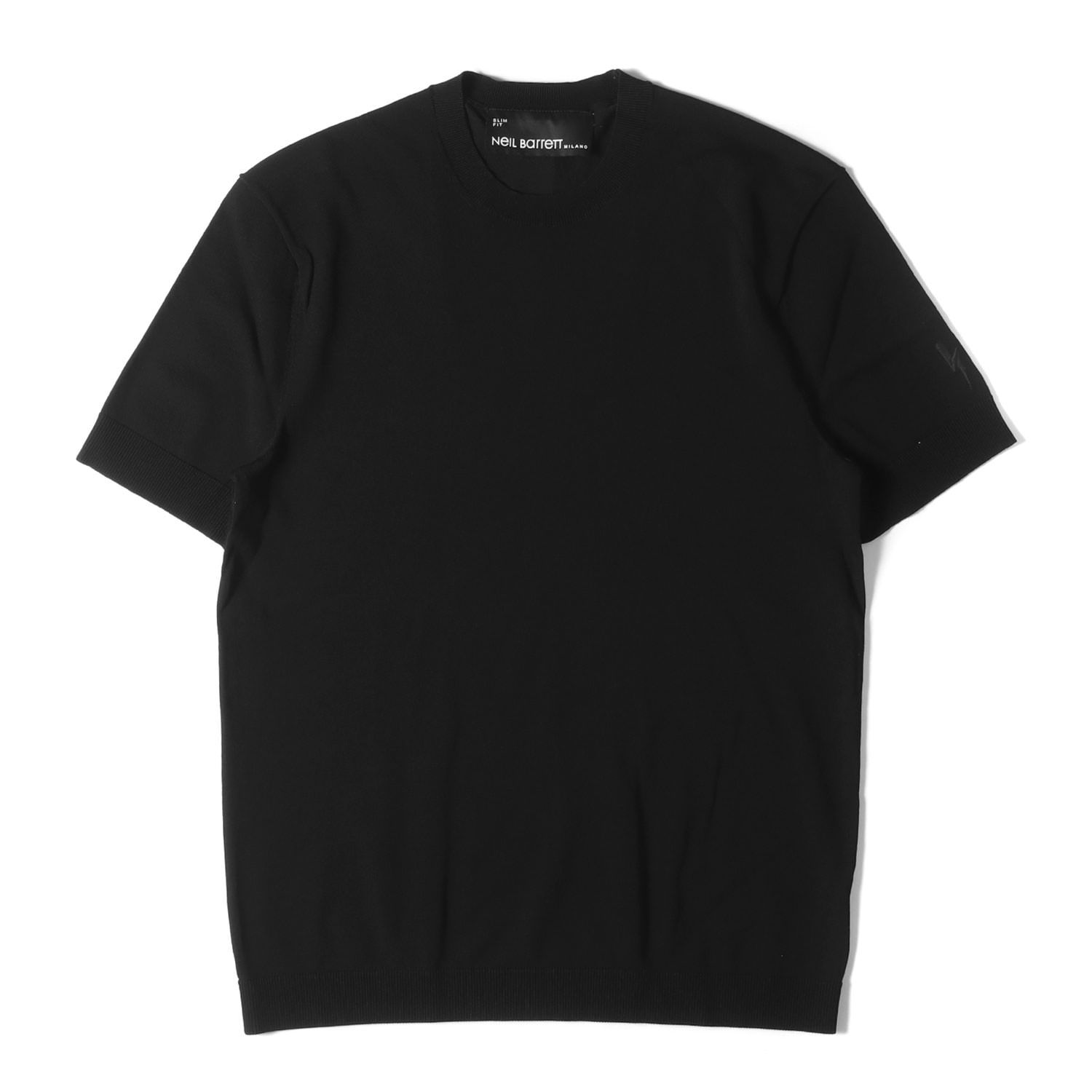 美品 Neil Barrett ニールバレット Tシャツ サイズ:S 近年モデル ストレッチ ニット クルーネック Tシャツ 半袖  BMA1063E-C600 ニットソー SLIM FIT ブラック 黒 トップス カットソー シンプル 無地 ブランド