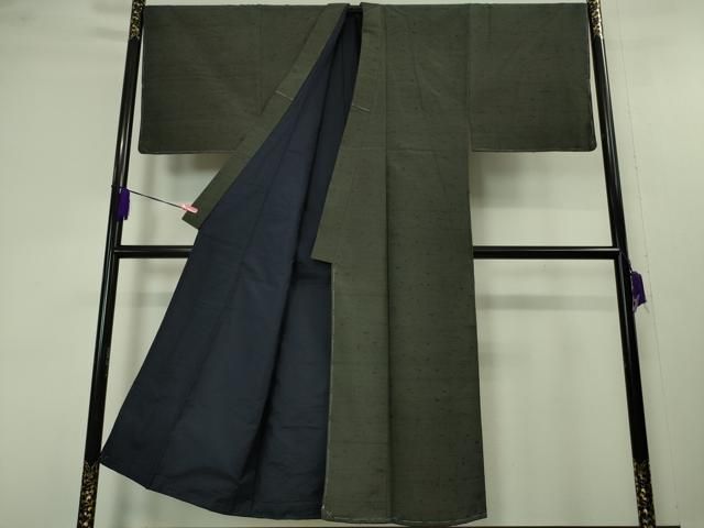 平和屋本店□極上 男性 ひげ紬 アンサンブル 長羽織セット 黒緑色地  