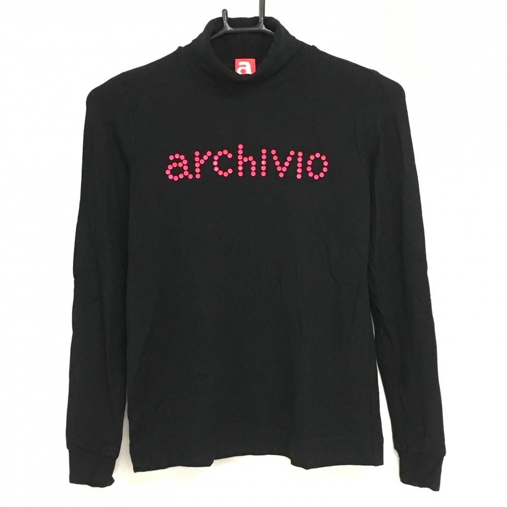【超美品】アルチビオ 長袖ハイネックシャツ 黒×ピンク ラインストーンロゴ  レディース 36(S) ゴルフウェア archivio