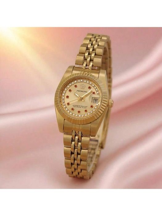 腕時計 レディース クォーツ 1個 レディース ステンレススチール ゴールドトーンケース-バンド ビジネスファッション レッドクリスタル クォーツ腕時計 エレガントでラグジュアリー デイリーの装飾 誕生日プレゼント