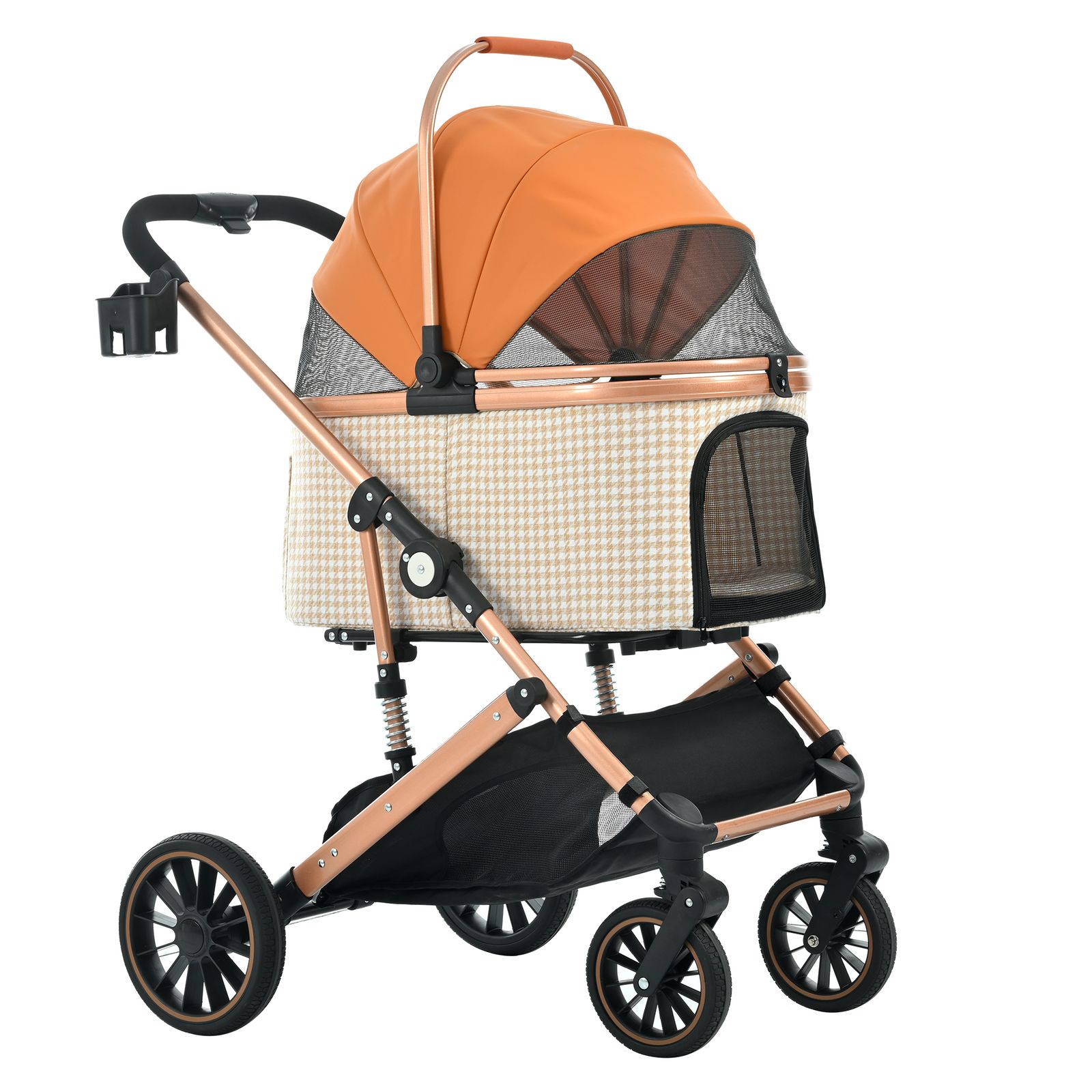15％割 Petbliss ペットカート Lsize 対面式 分離式 2way 折りたたみ 多頭 中型犬 小型犬 フルオーペン 4輪 アルミ製 収納 軽量 ストッパー付き ダンパー付き 組立簡単 犬カート ドッグカートペットバッグ 千鳥格子-パンプキン