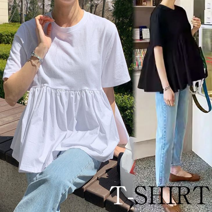 フリルペプラムトップス Tシャツ トップス 半袖 ラウンドネック
