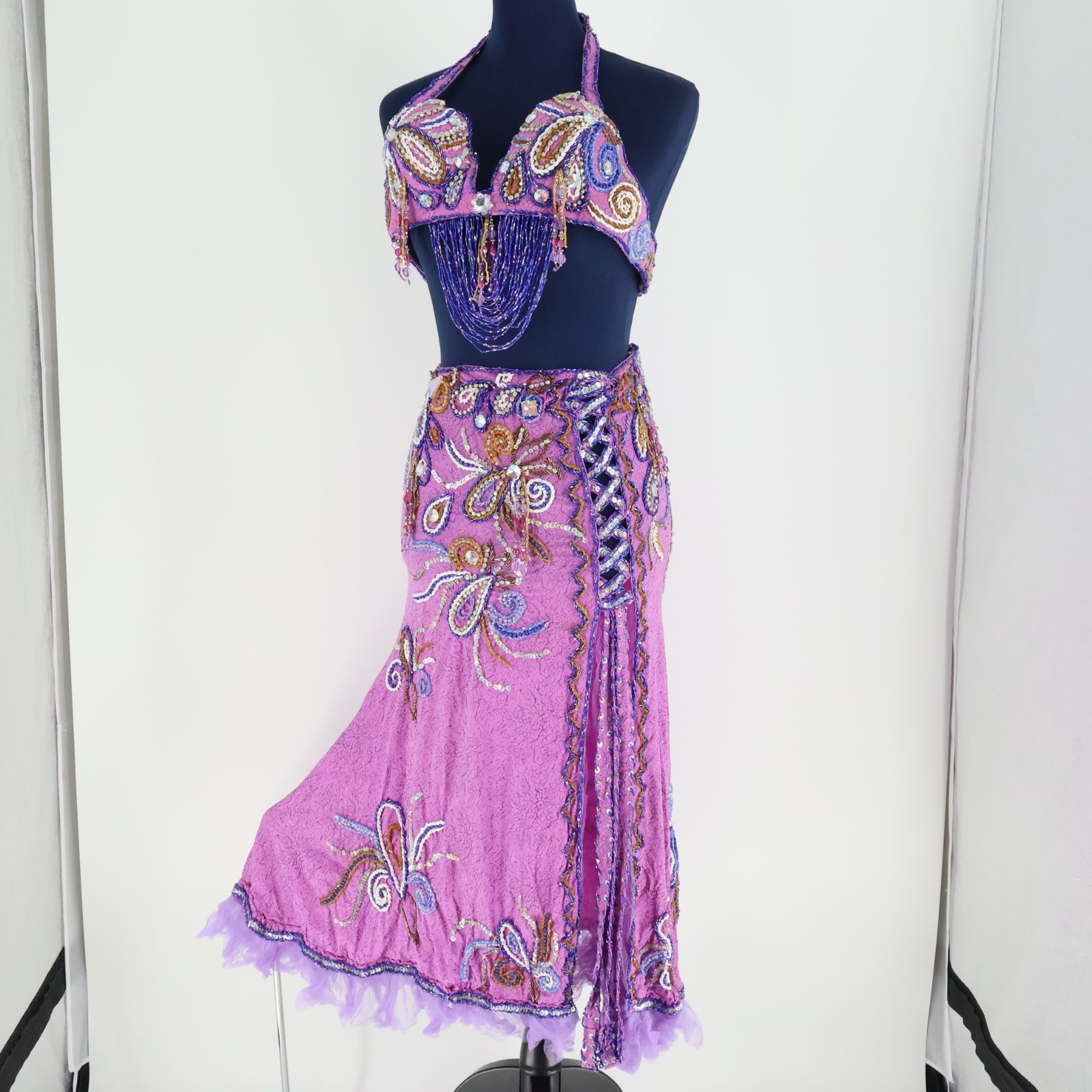 【ベリーダンス用オリエンタル衣装】ピンク ラインストーン ビーズ パープル ベリーダンス用 オリエンタル衣装パープル×ピンク ラインストーン