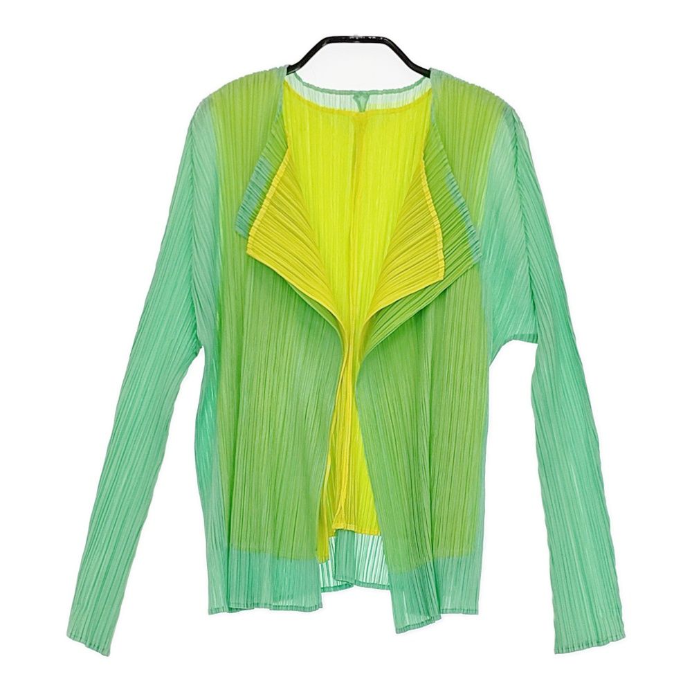 PLEATS PLEASE ISSEY MIYAKE レイヤードカーディガン プリーツジャケット グリーン イエロー レディース プリーツプリーズ 5-0511M♪