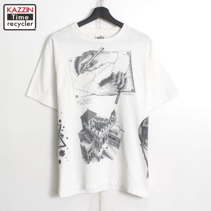 90s USA製 vintage M.C.Escher アート 騙し絵 半袖Tシャツ メンズ 