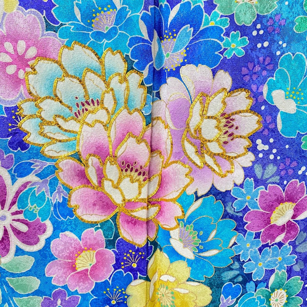 振袖 身丈175cm 裄丈71cm L 袷 牡丹 桜 銀通し 金彩 水色 正絹 美品  