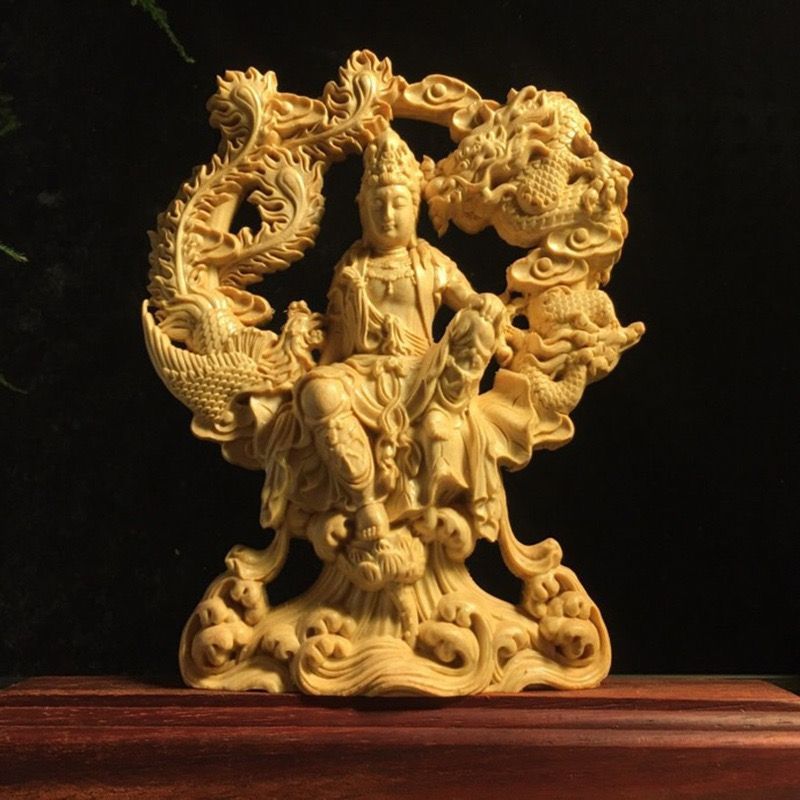 精密彫刻 仏像 崖柏 観音菩薩 木彫仏像 柘植木彫り 木製彫刻 観音様 龍 置物