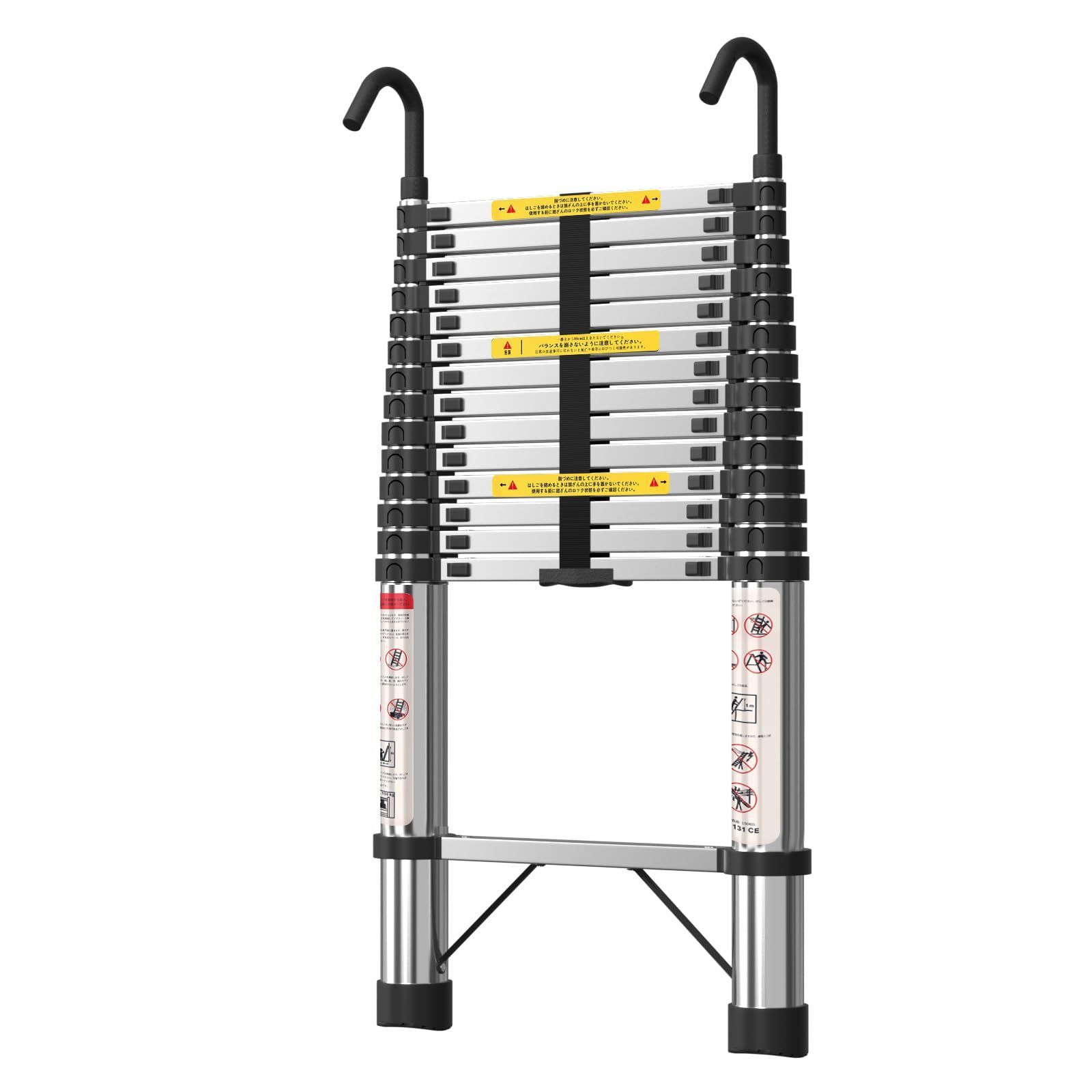 伸縮はしご4.4M 伸縮梯子 ステンレスはしご アルミ製のはしごではない 自動ロック スライド式 持ち運びやすい 折り畳み 伸縮自在 梯子 室内室外両用 スライド式 フック付き