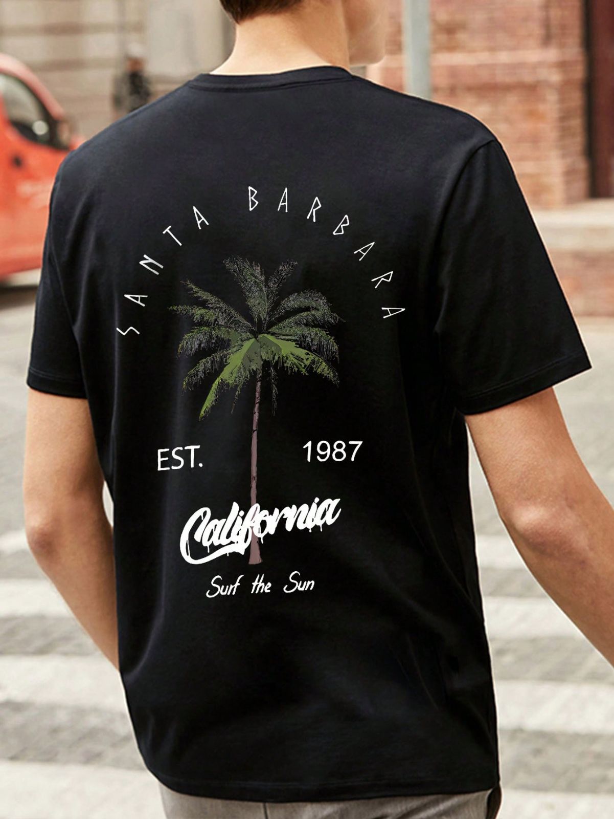 2色 カジュアル Uネック半袖 ココナッツヤシの木プリントTシャツ 2025年夏新作 メンズカジュアル ヤシの木&文字プリント半袖