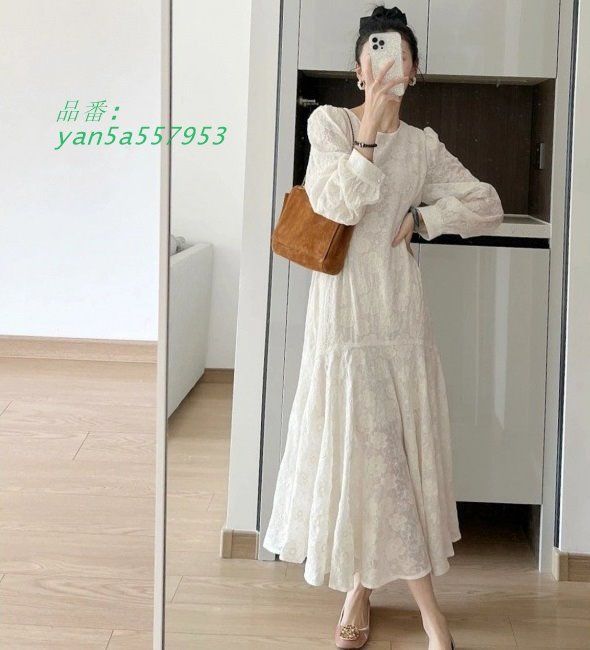 ティアードワンピース 大きいサイズ ワンピース 長袖 きれいめ レディース ロング 白 春 秋 ファッション 花柄 ラウンドネック 韓国 ワンピース yan5a557953