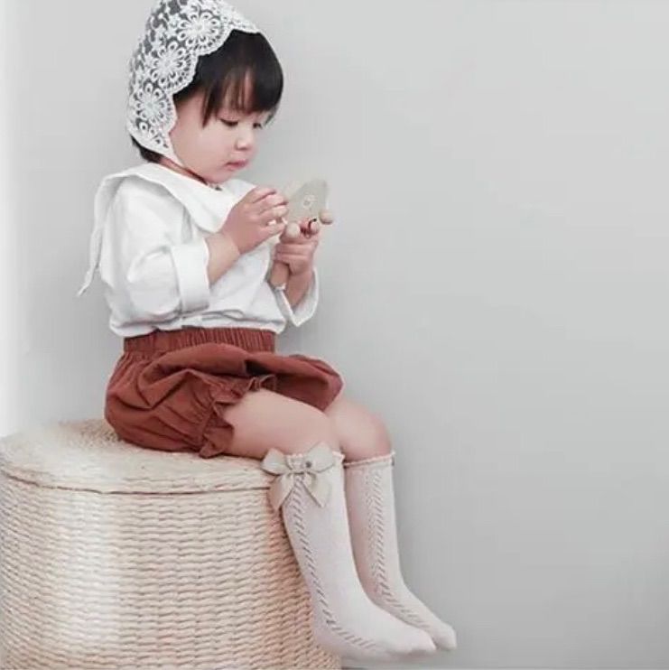 SALE】 お姫様リボン 蝶結びハイソックス 透かし編み 子供靴下15～18cm