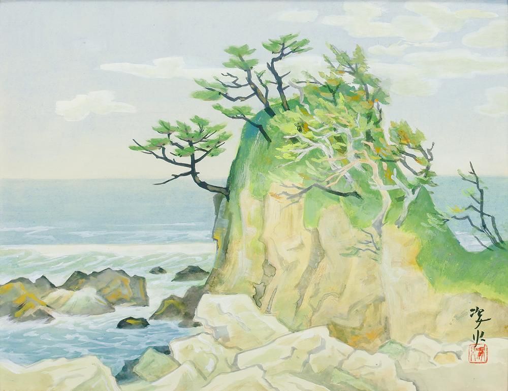 真作】【WISH】松本姿水「朝の海」日本画 6号 共シール ◇海と松