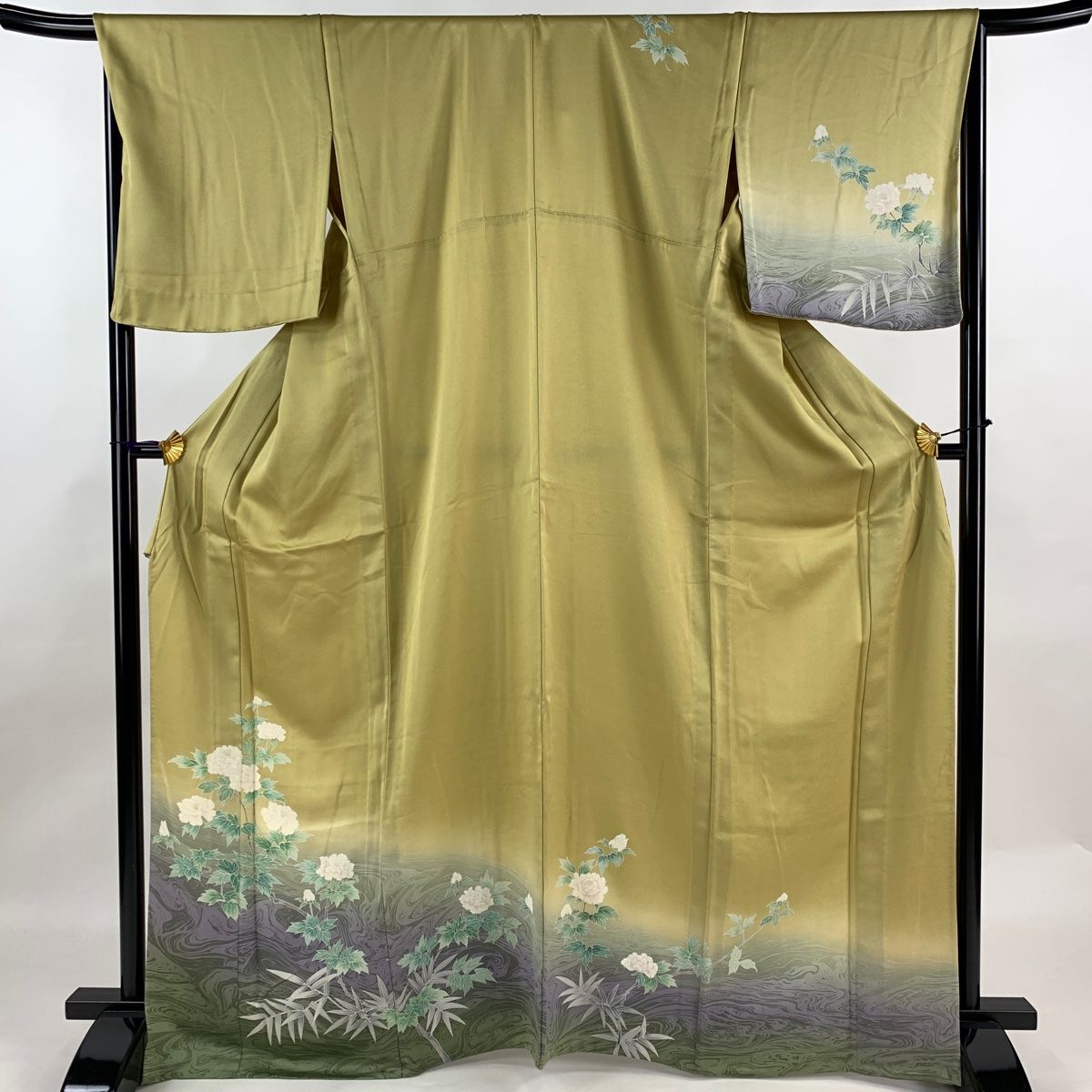 訪問着 身丈168cm 裄丈68cm L 単衣 枝花 墨流し ぼかし 山吹茶色 正絹 名品