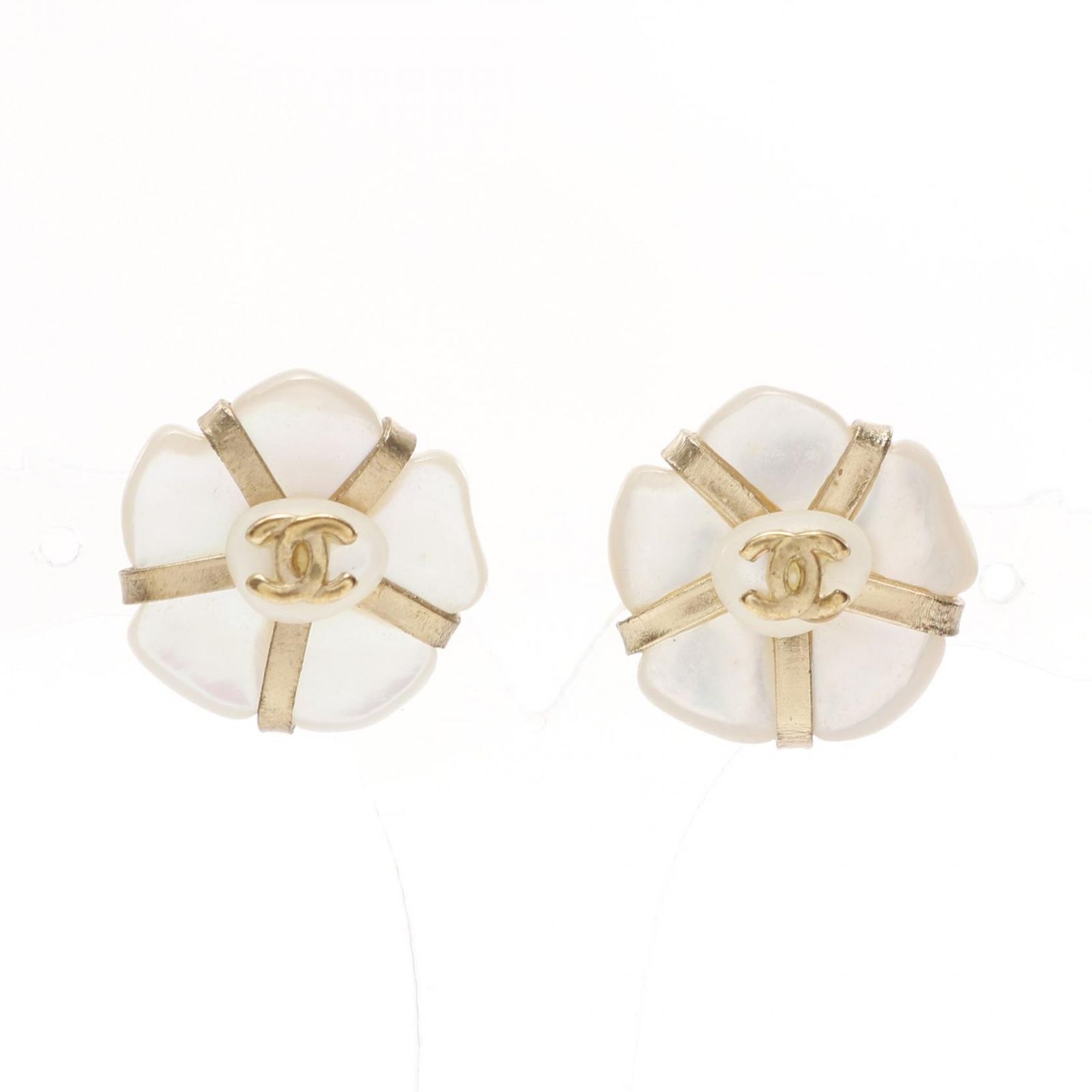 シャネル CHANEL ピアス ココマーク カメリア ホワイト GP ゴールドメッキ ピアス レディース Used B