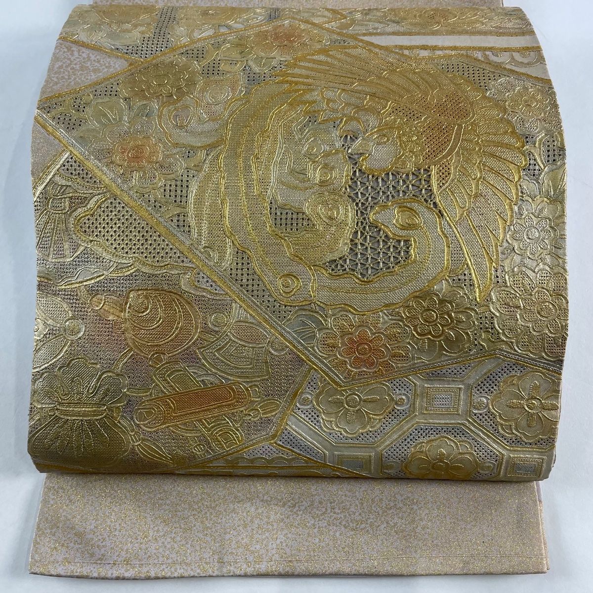 アンティーク袋帯 大正ロマン 鳳凰 金駒刺繍 マゼンダピンク 縮緬 No.20 袋帯 名品 関西仕立て 鳳凰 草花 金銀彩 刺繍 ベージュ お太鼓柄