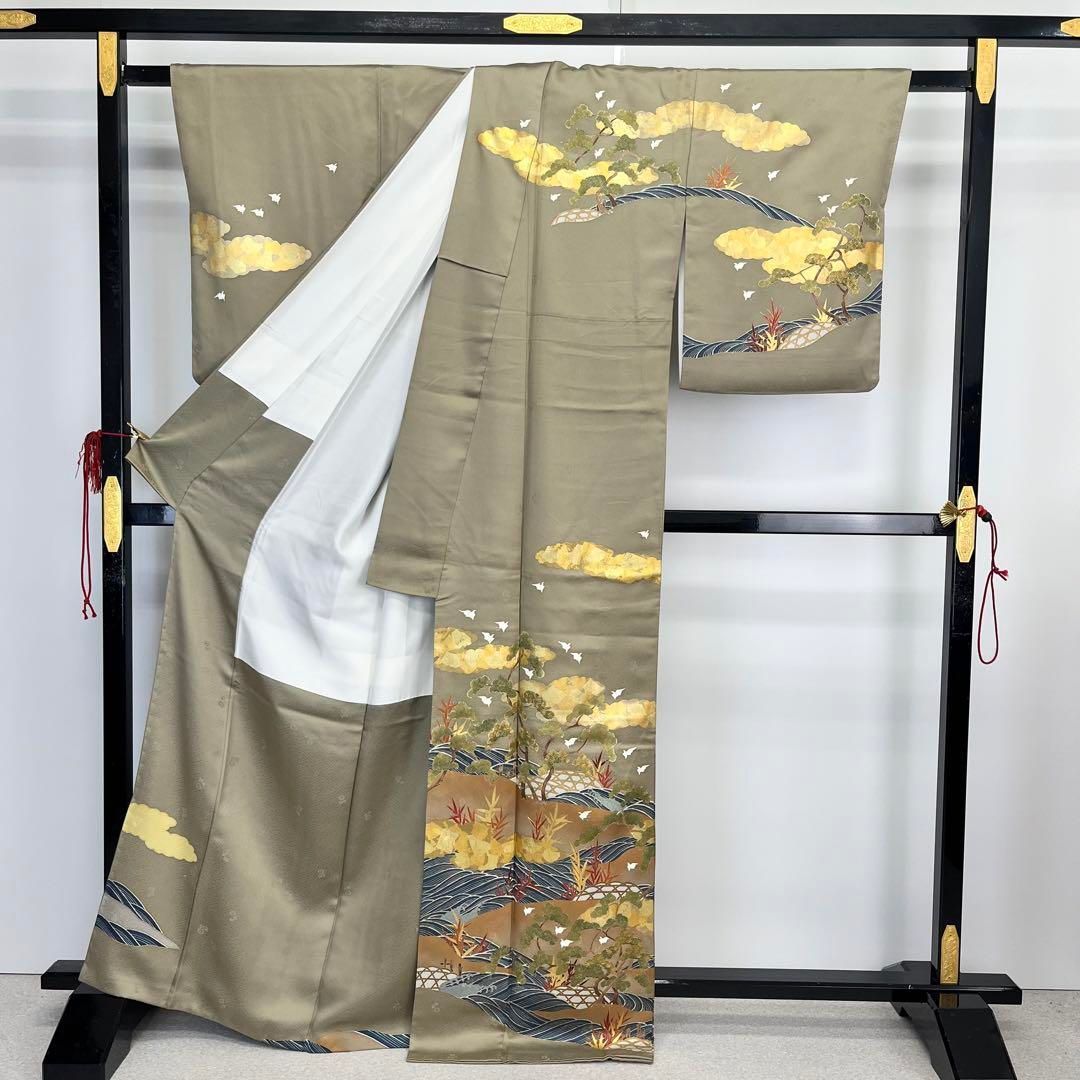 訪問着 松波模様 雲柄 鳥 金彩 金駒 黄海松茶色 トールサイズ K-4069 訪問着 松波模様 雲柄 鳥 金彩 金駒 黄海松茶色 トールサイズ K