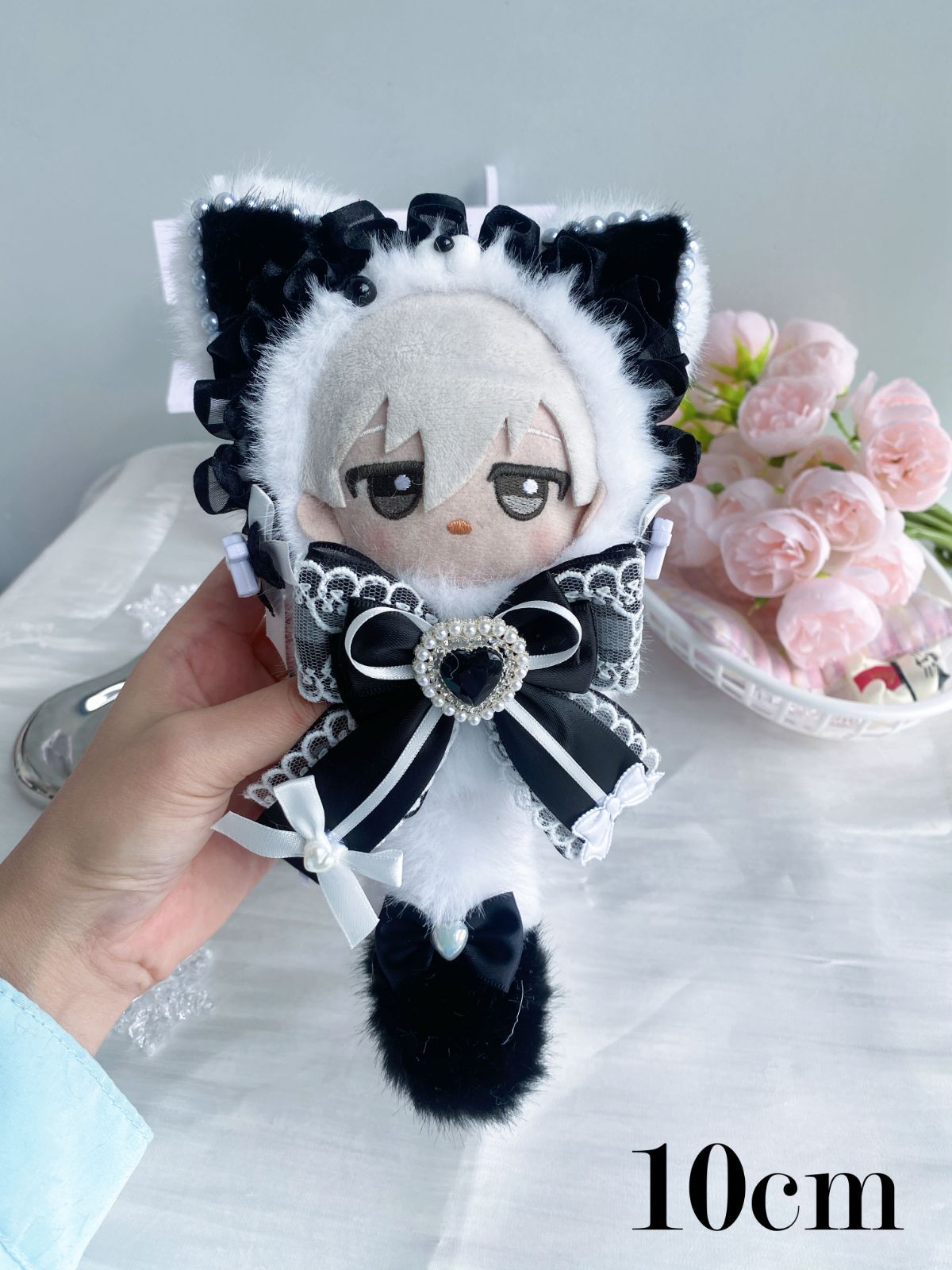 手作りぬい服 ちびぐるみ 10~12cm 着ぐるみ猫 白黒色