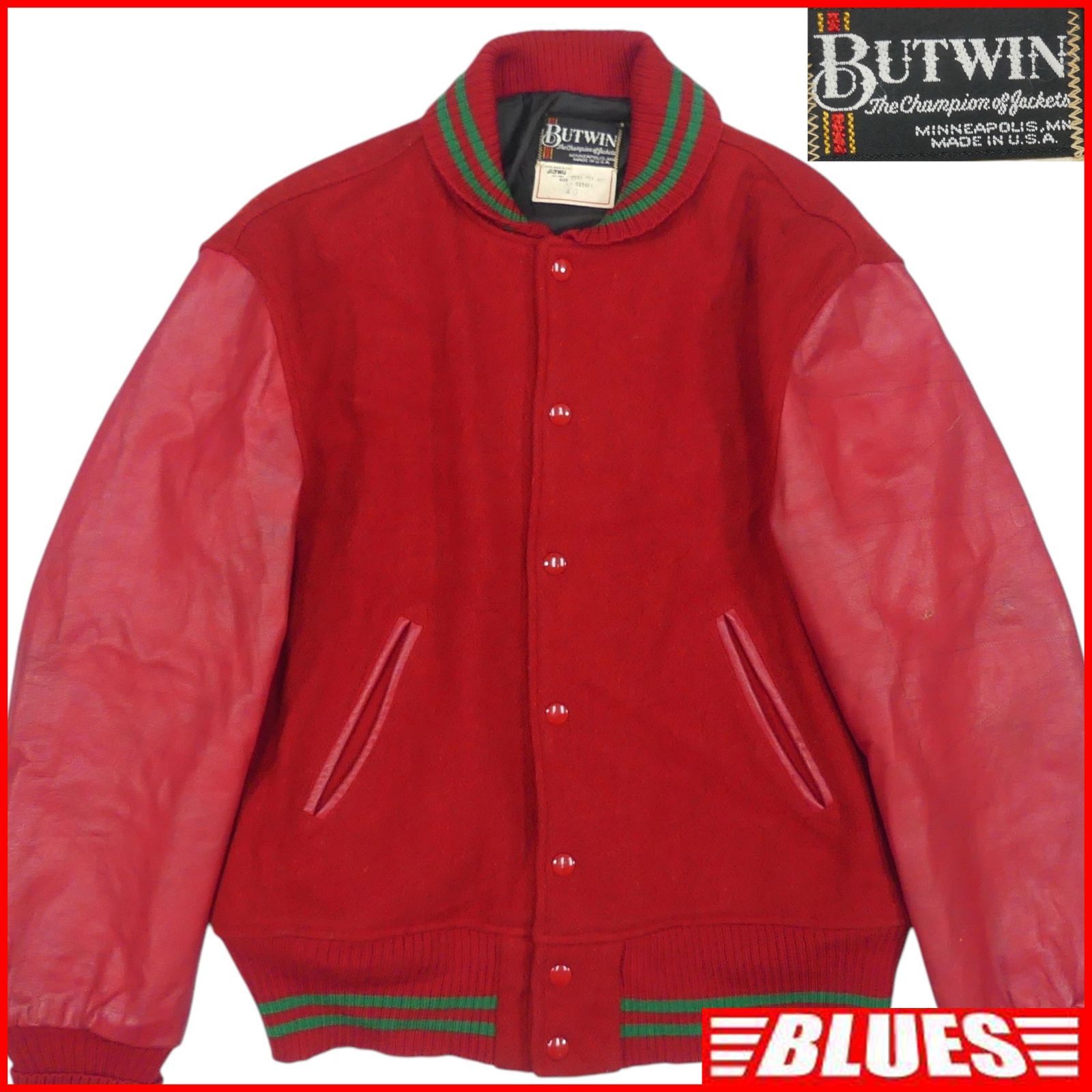 60s 70s BUTWIN スタジャン 赤 レザー 袖 40 アメリカ製 BUTWIN バトウィン USA スタジャン L 古着 レザー 40