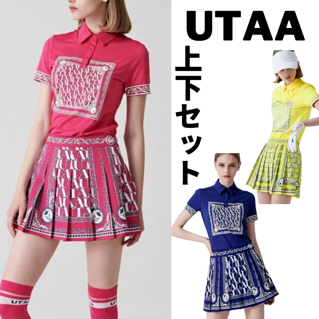UTAA ユタ トップス 半袖 ロゴ ポロシャツ バンダナ風 袖デザイン プリーツスカート 韓国 ゴルフウェア レディース ピンク イエロー