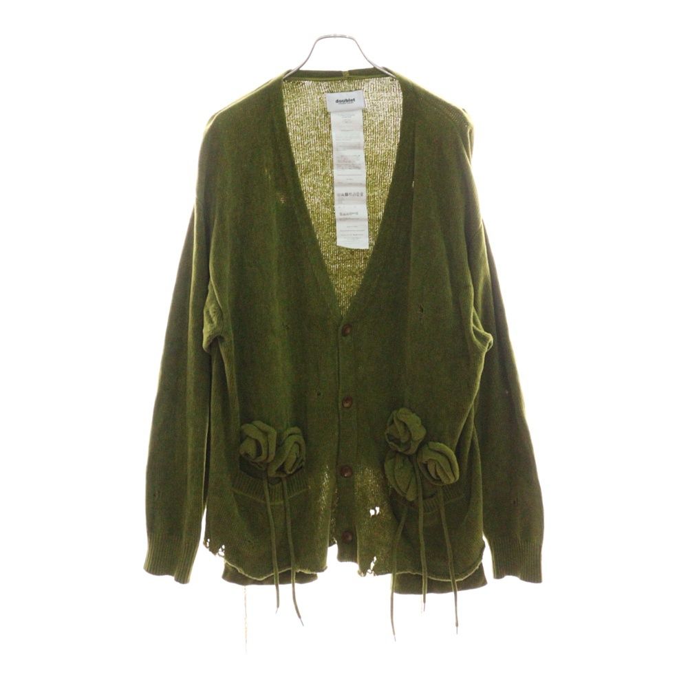 doublet ダブレット 21SS FLOWER CORSAGE CARDIGAN フラワーコサージュ ダメージ加工 コットン ニットカーディガン グリーン 21SS40KN48
