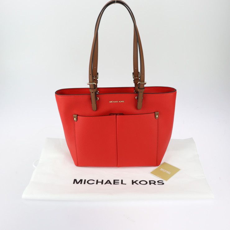 Michael Kors マイケルコース ジェット セット トラベル ミディアム トートバッグ 35F3GTVT3V レザー レッド系 ブラウン系  ゴールド金具 ダブルポケット ショルダーバッグ 【本物保証】