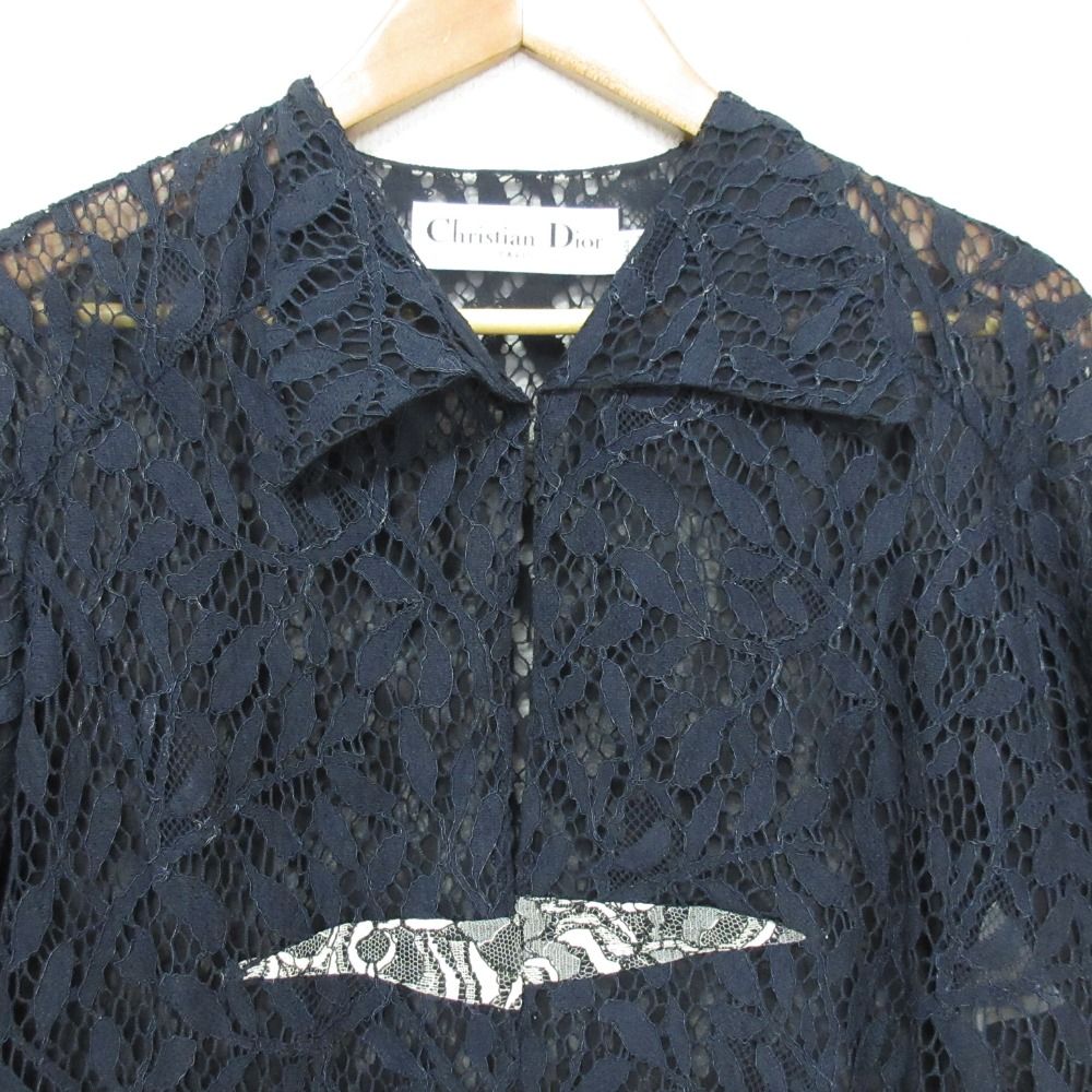 美品 Christian Dior クリスチャンディオール ラフシモンズ期 シアー 総レース ブラウス シャツ サイズF34 ネイビー レディース 古着 中古 美品 Christian Dior クリスチャンディオール ラフシモンズ期
