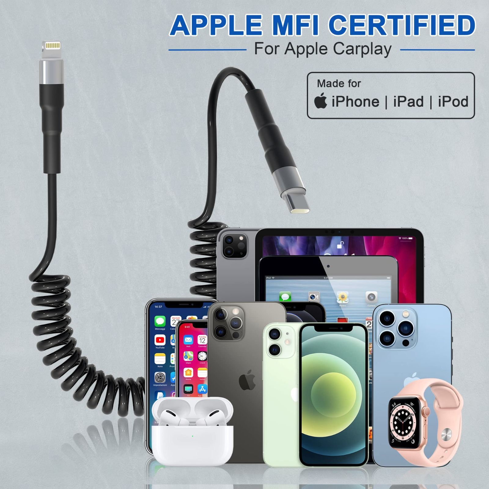 ライトニングケーブル カールコード、MFi認証 & CarPlay対応 iPhone 充電ケーブル 伸縮 2.4A充電と高速データ転送ケーブ