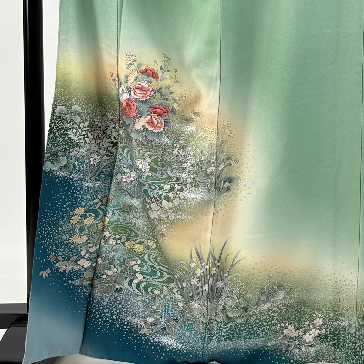訪問着 身丈166cm 裄丈68cm L 袷 牡丹 流水 刺繍 銀彩 薄緑 正絹