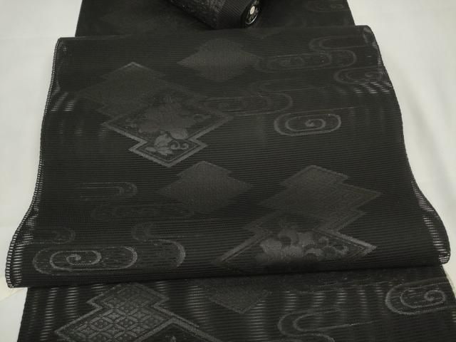 【超歓迎された!】 平和屋着物＊夏物 名古屋帯 帯反物 黒共帯 絽 五倍子染 松皮菱流水花文 健勝苑扱い ♥ DAAW7825zzz 口コミ