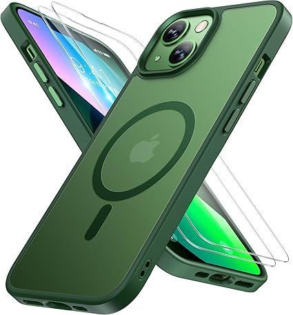 Miracase iPhone13 ケース【Magsafe対応・米軍規格】iPhone 13 ケース、傷防止iPhone13ケース【強化フィルム2枚付き】アイフォン13ケース、指紋防止、黄ばみ防止、薄くて肌に優しいデザイン、濃い緑色