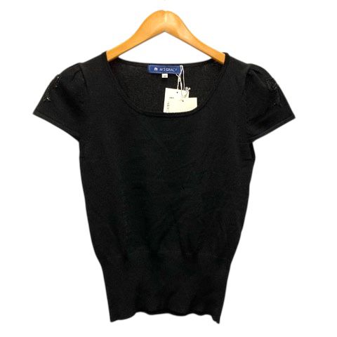 エムズグレイシー M S GRACY ニットソー カットソー クルーネック ビーズ装飾 半袖 40 黒 ブラック