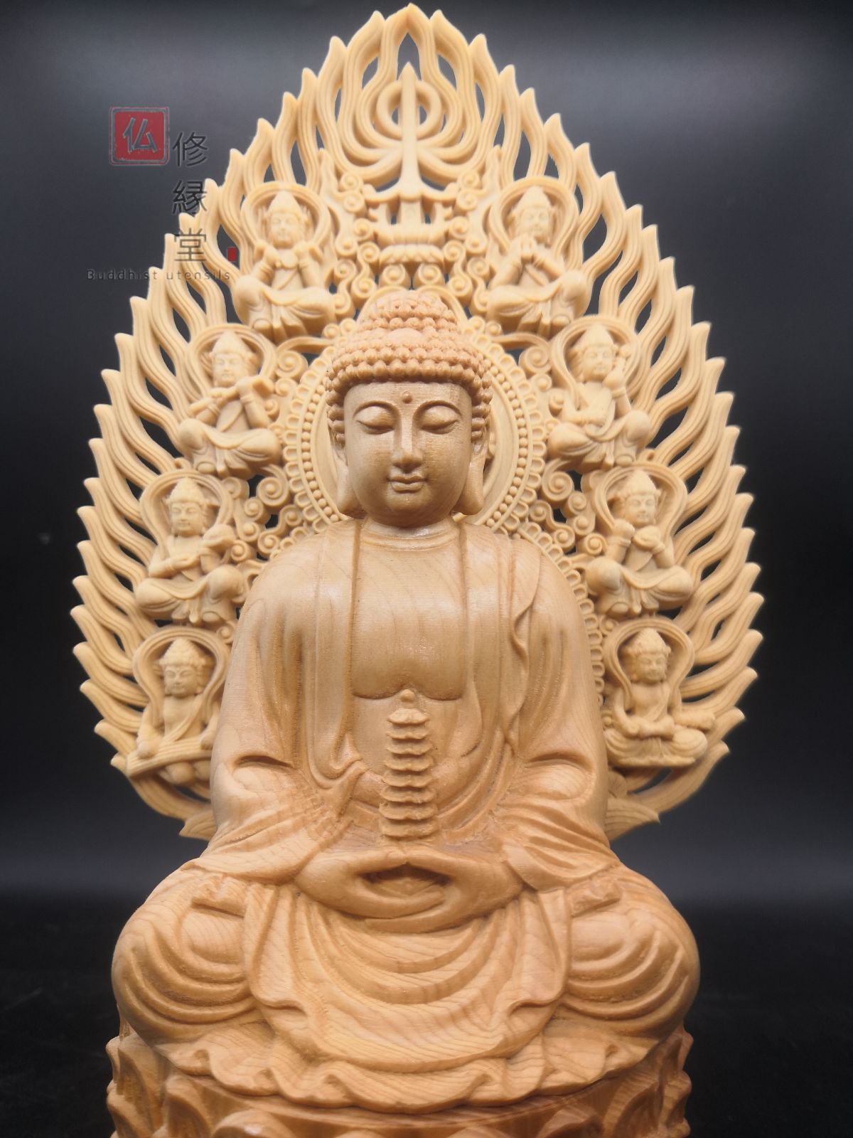 修縁堂】木彫り 仏像 薬師如来座像 薬師仏 彫刻 一刀彫 天然木檜材 