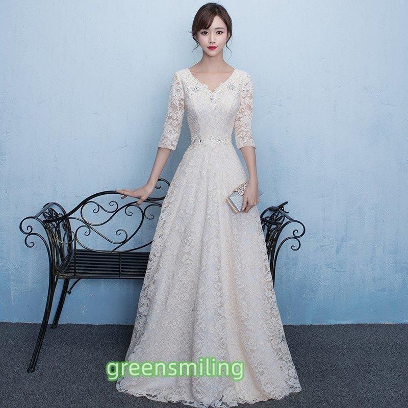 ウエディングドレス aライン オフホワイト 袖あり レース ウェディングドレス 花嫁 結婚式 ブライダル パーティー 二次会 ブライダル ロングドレス 安い