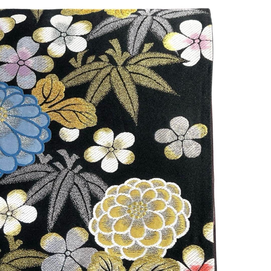 レディース 袋帯 振袖帯 菊花 竹 リーフ 黒地 金糸 着物 041a d