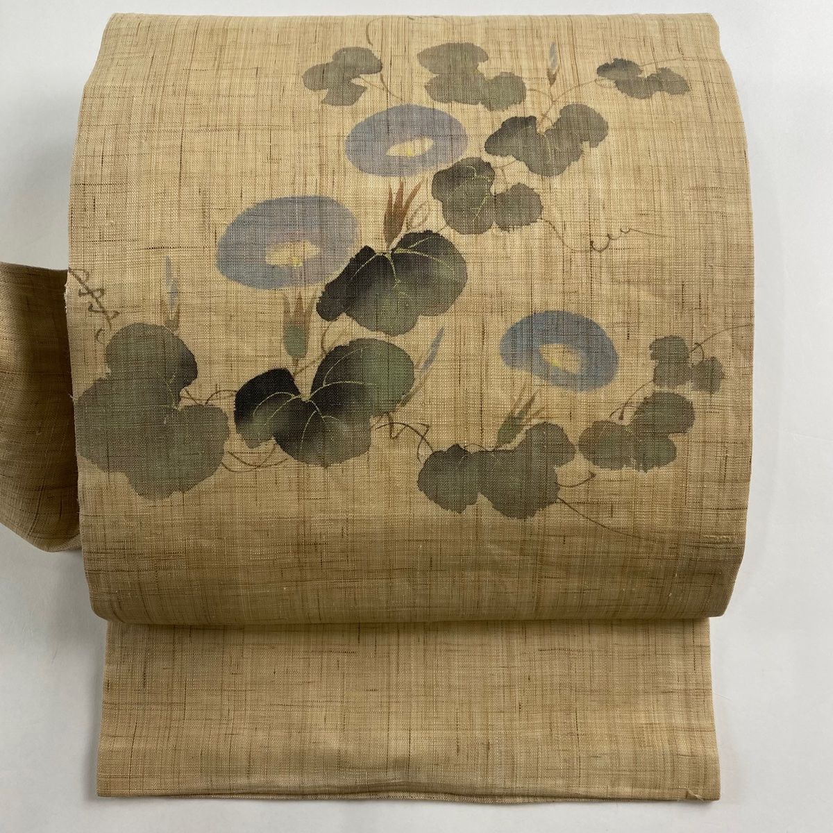 名古屋帯 名品 落款 夏帯 朝顔 金彩 茶色 麻