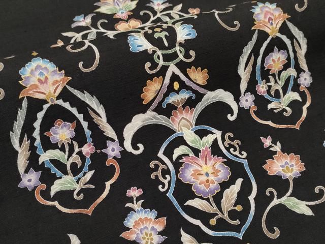 平和屋本店□極上 岡重謹製 OKAJIMA 九寸名古屋帯 紬地 花唐草文 黒地