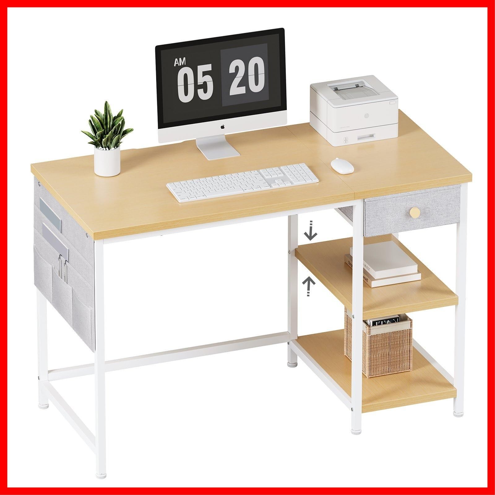 テレワーク 左右入替可 在宅勤務 学習机 勉強机 収納袋付き 収納ラック 布製引き出し付き 幅120cm×奥行55cm パソコンデスク ライトオーク pcデスク 机 ラック付きデスク つくえ デスク YeTom