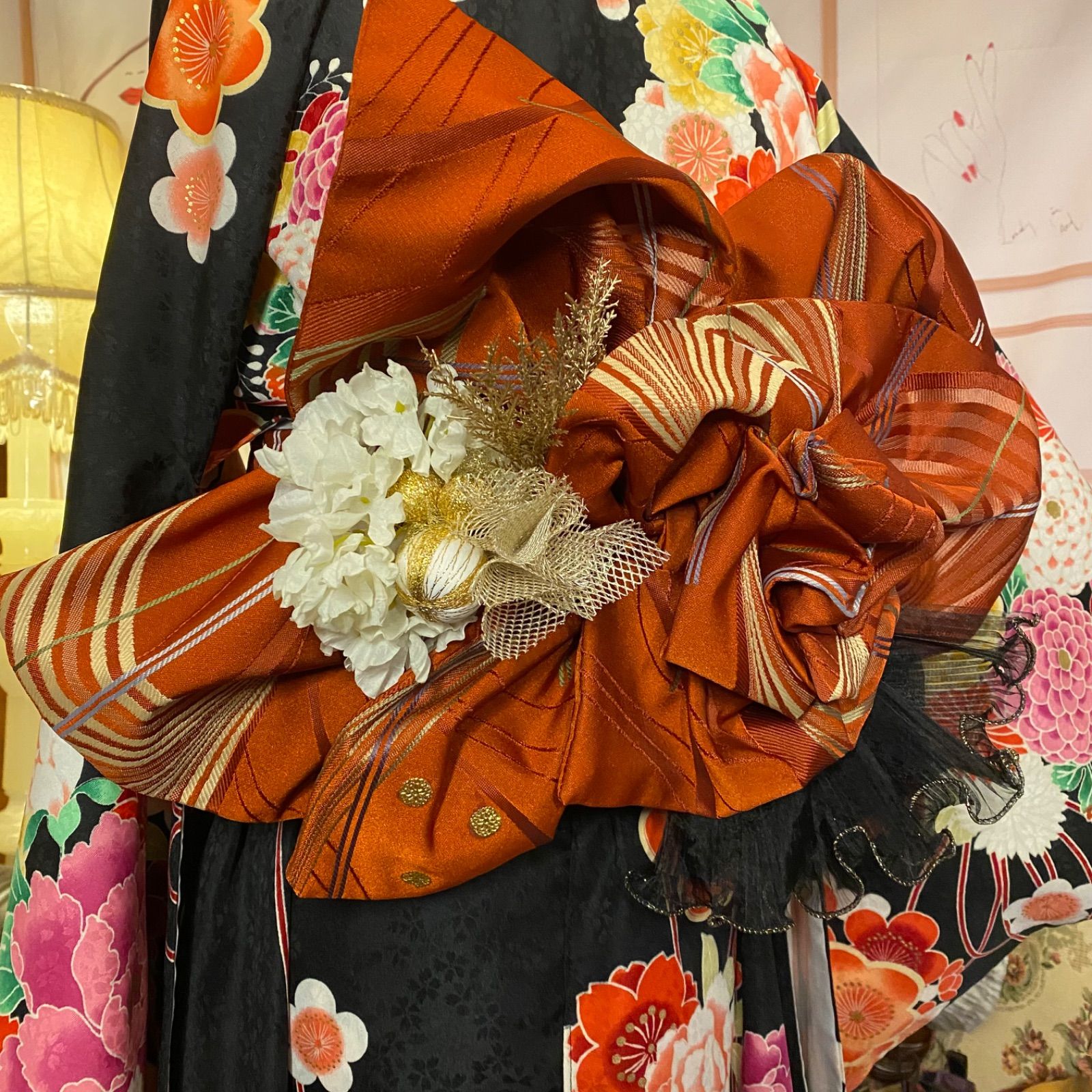 振袖 着物 ロングワンピース ドレス 2部式ローズ/バラ作り帯 リメイク