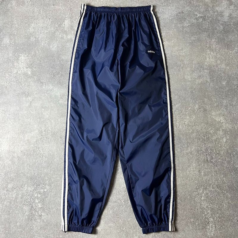90s adidas 3ストライプ パフォーマンス ロゴ 刺繍 ナイロン パンツ L / 90年代 オールド アディダス ネイビー ワンポイント