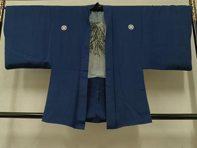 平和屋着物○男性 色紋付 羽織セット 濃藍色 正絹 逸品 AABA1279ph 藍 