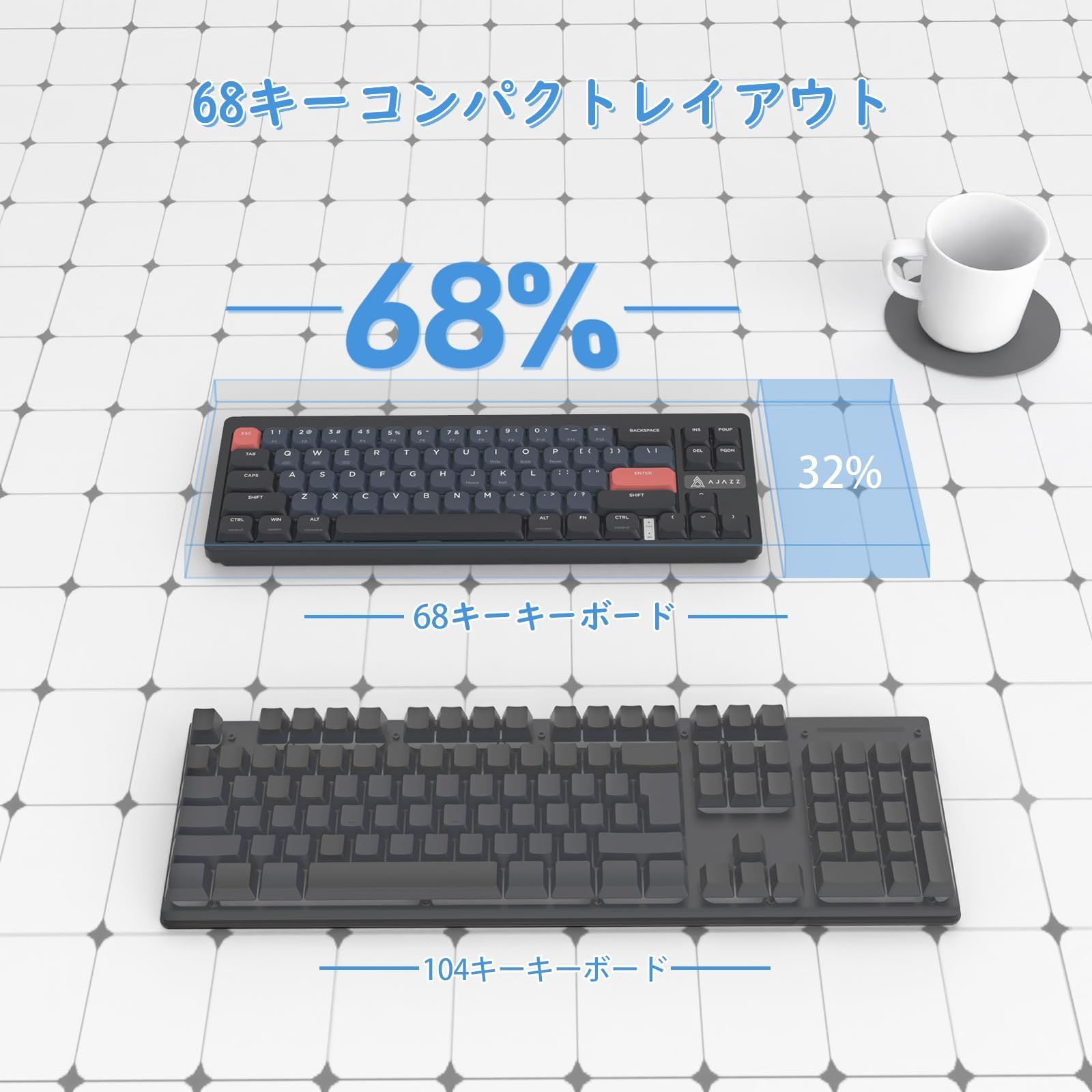 【特価商品】軽量 2モードBluetooth&2.4G無線接続 高速応答ゲーミングキーボード 68キー AKL68ワイヤレスメカニカルキーボード ボール型キーキャップ 単4形乾電池駆動 HUANO赤軸ローキースイッチ MAMBASNAKE×AJAZZ WINM